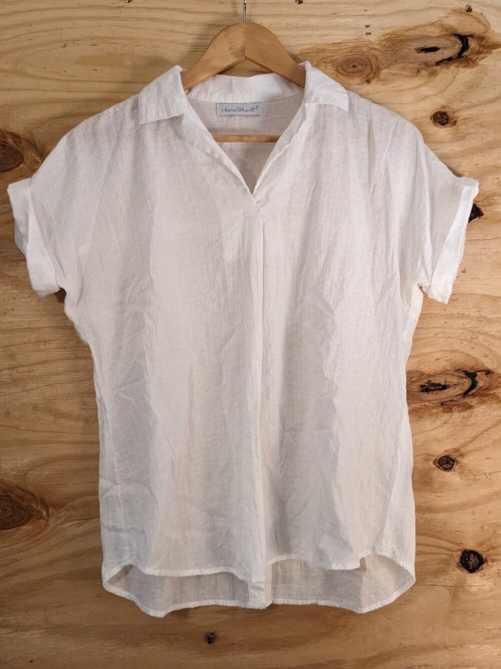 Keren Hart White Cotton Popover Top Med Button Back Coastal Cottage Grandma